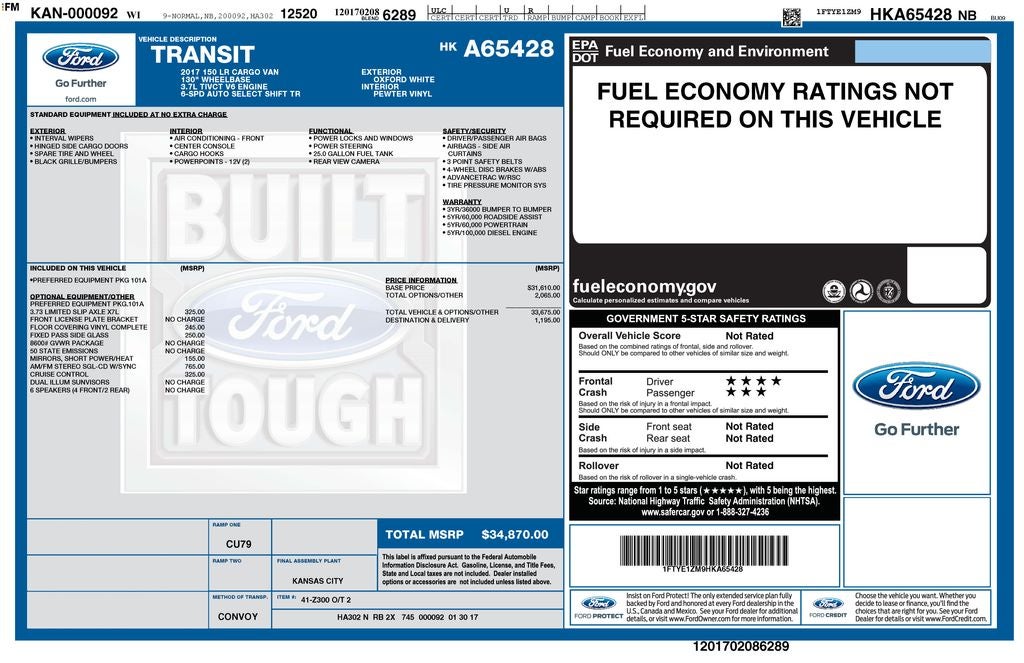 2017 Ford Transit-150 T-150 130" Low Rf 8600 GVWR Swing-Out RH Dr